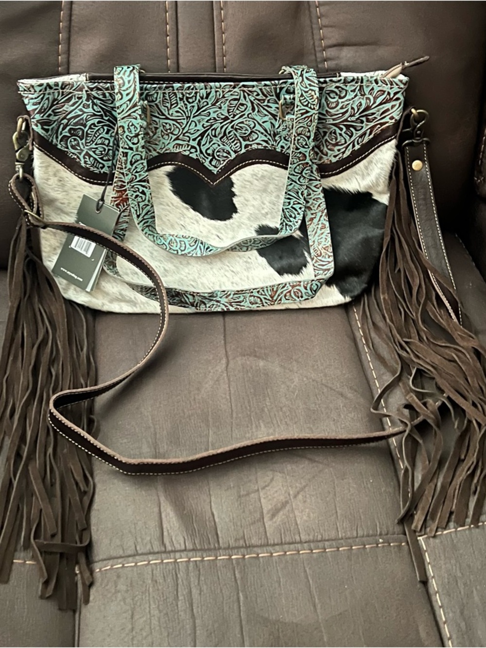 Myra Bag Turquoise Tooled Cowhide Fringe Shoulder Bag